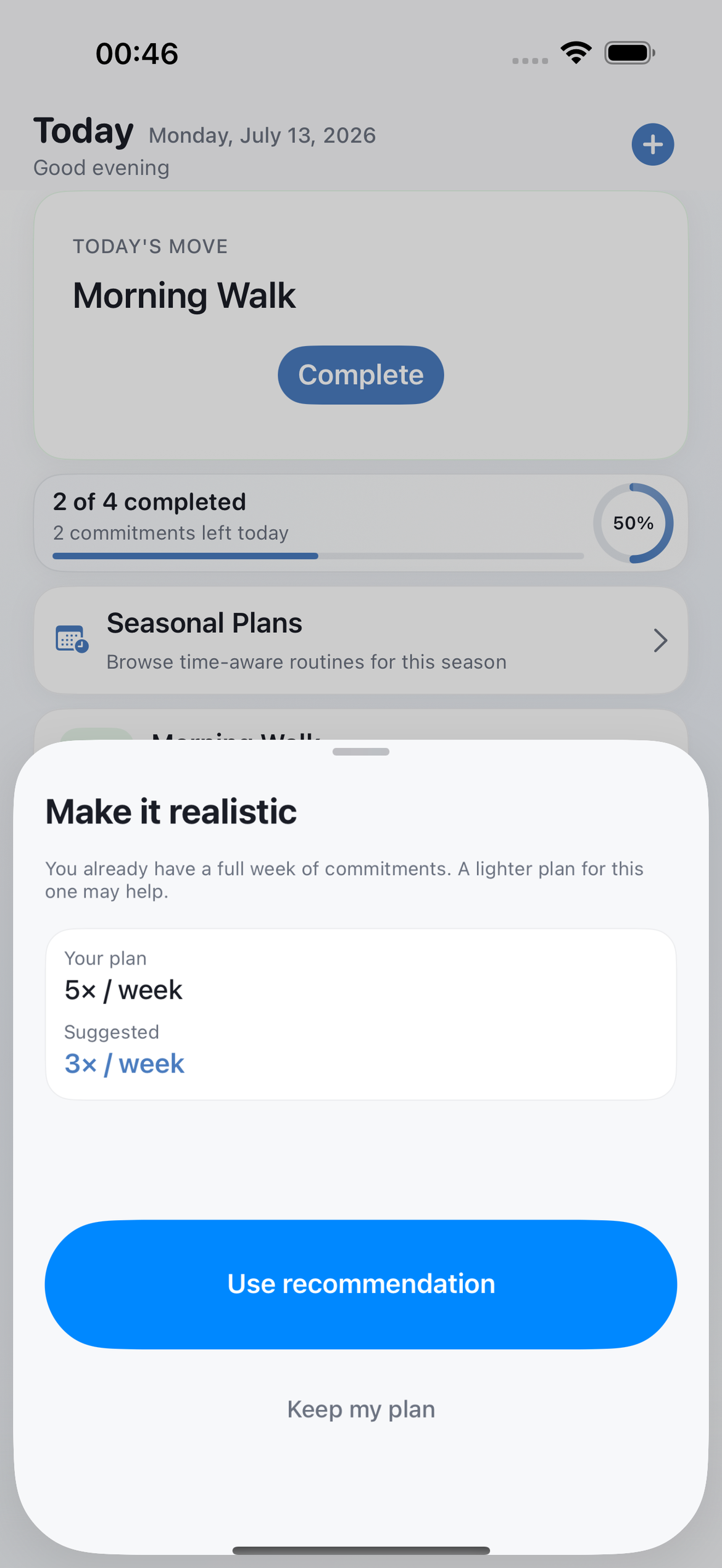 DOVENA Calibration review comparing your plan with an evidence-based suggestion.
